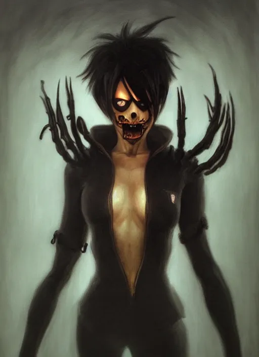 Image similar to dark portrait painting of tracer from overwatch, in style of zdzisław beksinski, scary, horror, overwatch tracer character, detailed face, dressed in dark garment, black tendrils, tall,