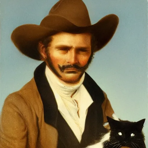 Image similar to close - up portrait of a cowboy holding a cat, 1 8 0 0 s