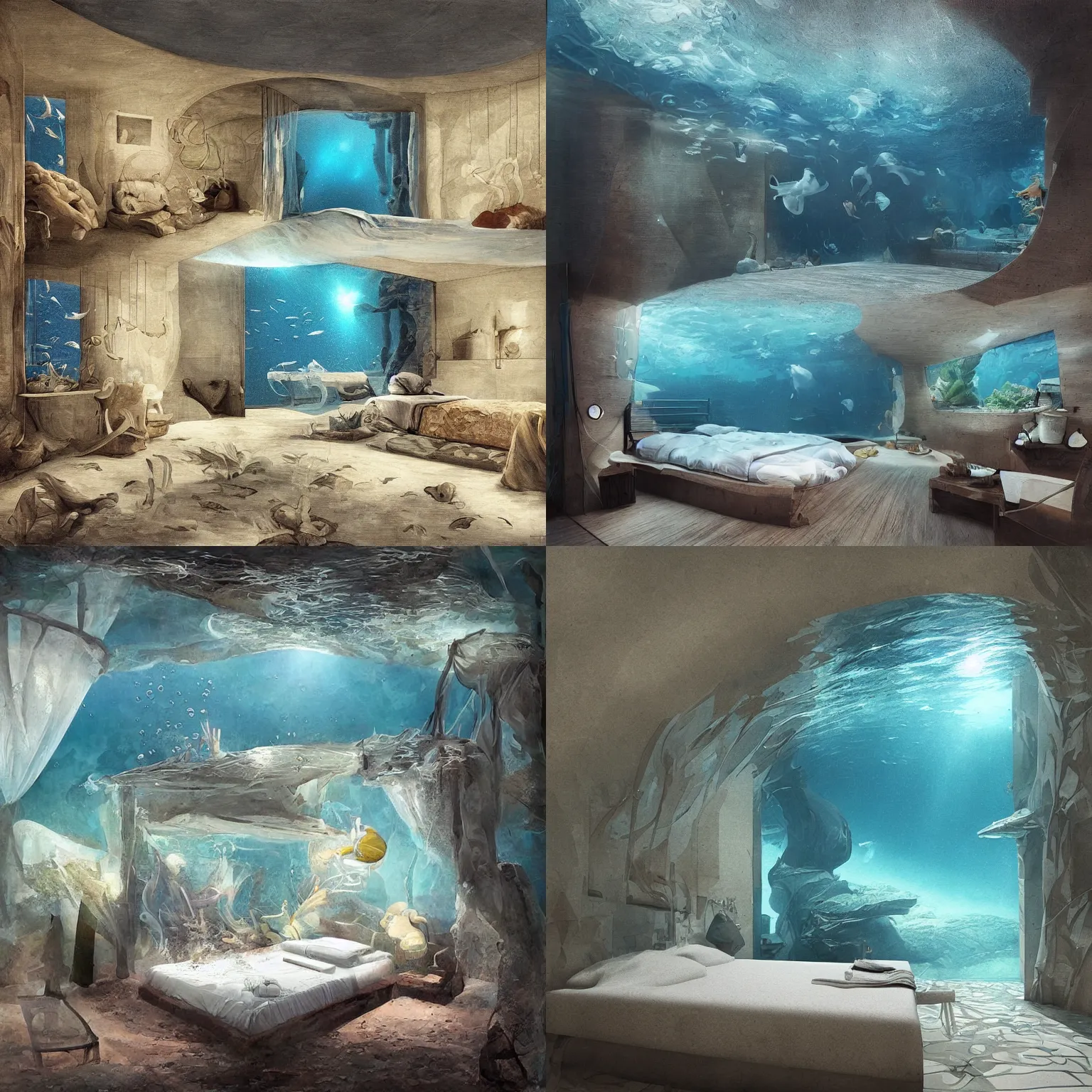 Prompt: underwater bedroom by Rafaello Ossola