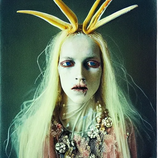 Prompt: kodak portra 4 0 0, wetplate, photo of a surreal artsy dream scene,, weird fashion, in the nature, highly detailed face, very beautiful model, portrait, close up, expressive eyes, extravagant dress, carneval, animal, wtf, photographed by paolo roversi style and julia hetta