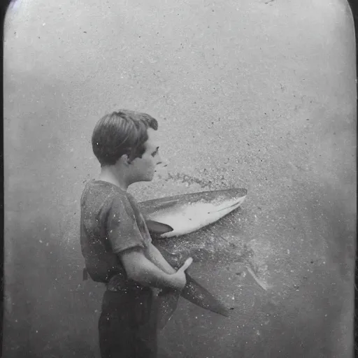 Prompt: tintype photo, underwater with bubbles, boy rides a shark
