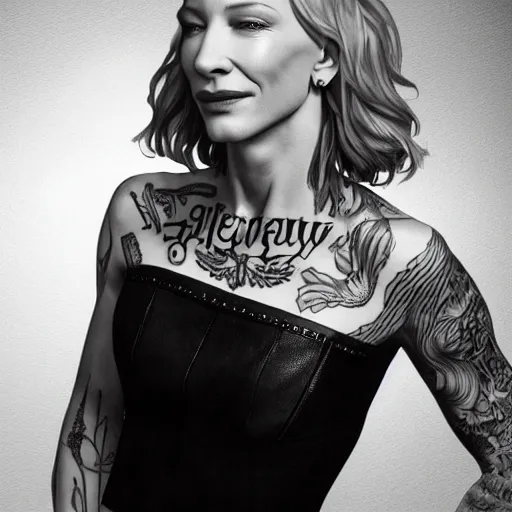 Image similar to full body tattooed cate blanchett, highly detailed, photorealistic, 4k