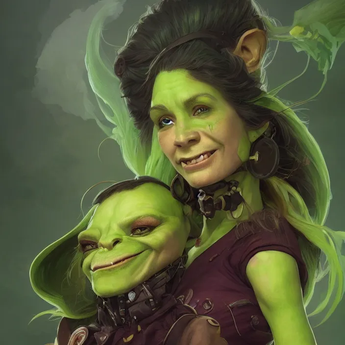 Image similar to beautiful illustrated portrait of a mischevious female green-skinned goblin alchemist, painted, 4k artwork, trending on artstation, octane render, art by artgerm and greg rutkowski and alphonse mucha and craig mullins and James Jean and Andrei Riabovitchev and Marc Simonetti and peter mohrbacher