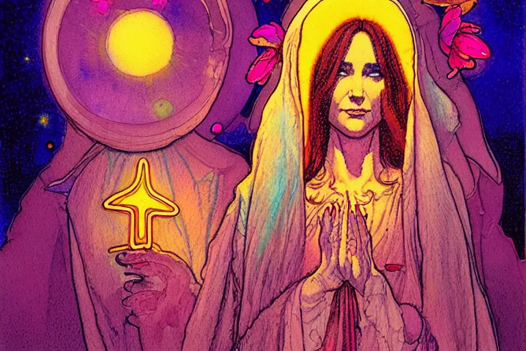 Image similar to a hyperrealist watercolour character concept art portrait of the blessed mother mary at night in las vegas, nevada. there is a ufo. neon roses. psychedelic elements. by rebecca guay, michael kaluta, charles vess and jean moebius giraud