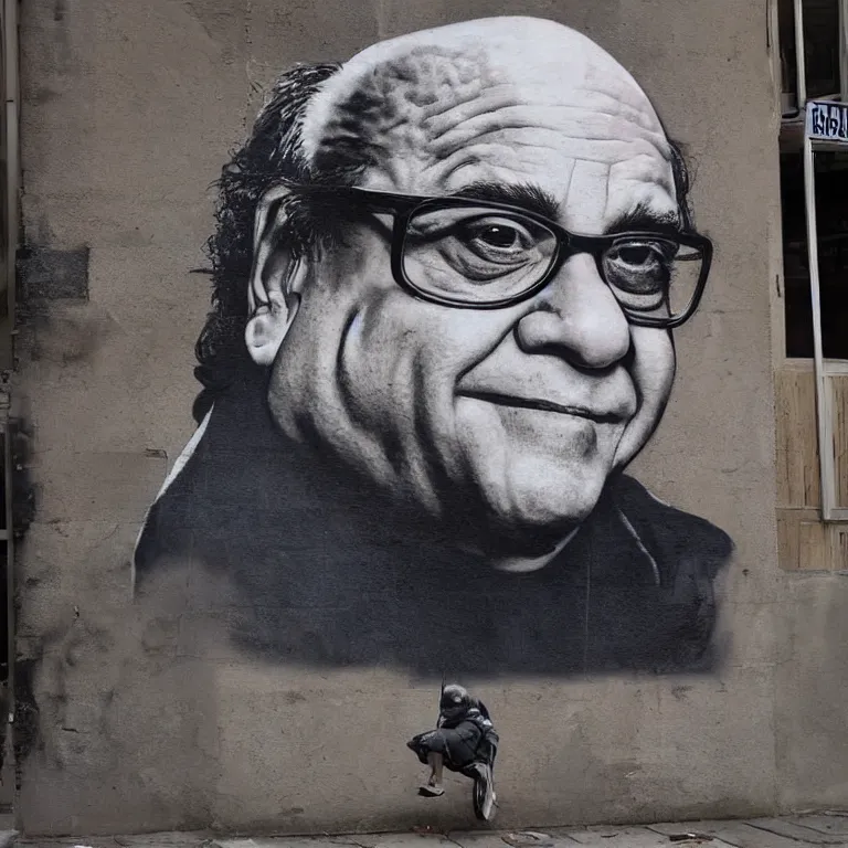 Image similar to Street-art portrait of Danny DeVito in style of Banksy, photorealism