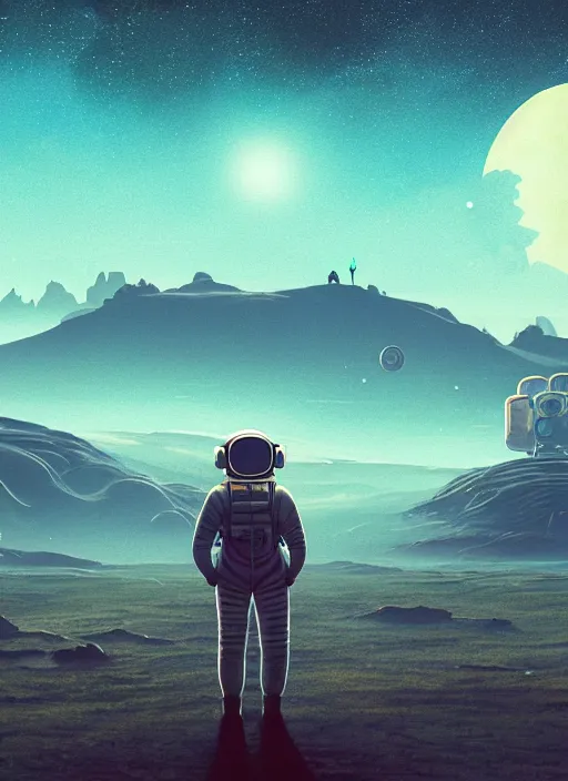 Image similar to a lonely astronaut overlooking at an amazing alien landscape and the universe, digital art, breathtaking, golden ratio, extremely detailed, establishing shot, hyperrealistic, cinematic lighting, particles, unreal engine, simon stålenhag, rendered by Beeple, Makoto Shinkai, syd meade, simon stålenhag, Ruan Jia, Kentaro Miura, environment concept, artstation, octane render, 4K UHD image