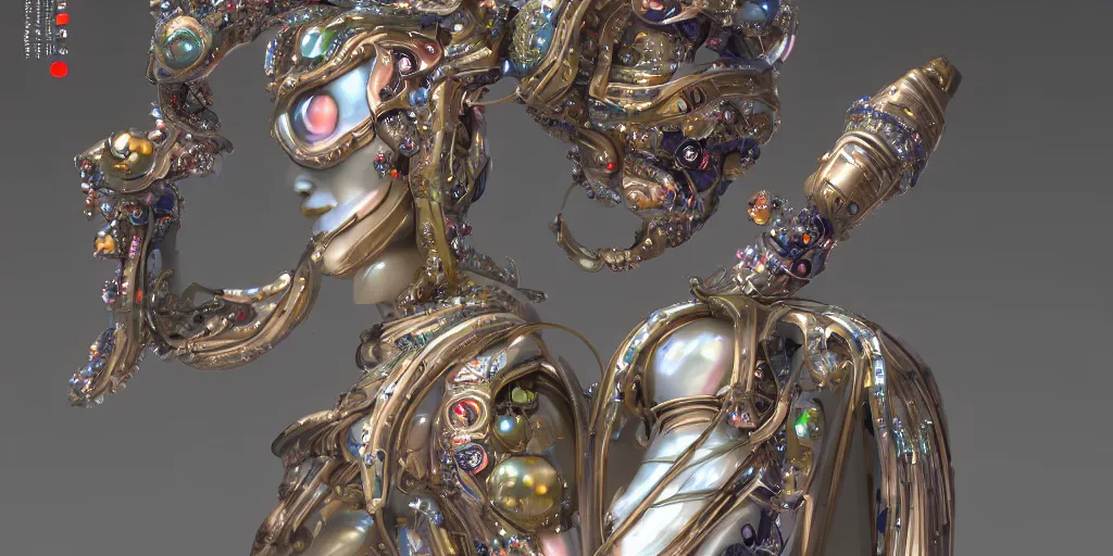 Prompt: a incredible elegant hollow bionic art nouveau alien galaxy japanese pearl queen superheroes, mithras, with ornate jewelled, sci - fi, high - tech, the met museum, streamlined, futuristic, spot lighting, led, photorealistic, high detailed, concept art, exquisite aristocratic, industrial factory by leonardo da vinci rendered in octane 8 k