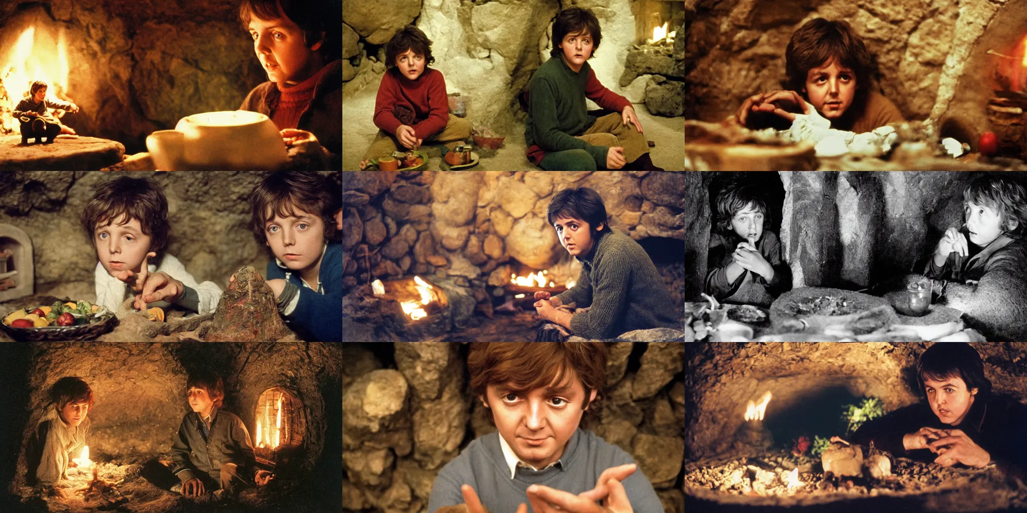 Prompt: A full color still of young adult Paul McCartney looking down at his palm, dressed as a hobbit inside his cozy house at night with light from a fireplace, directed by Stanley Kubrick, 35mm, 1970