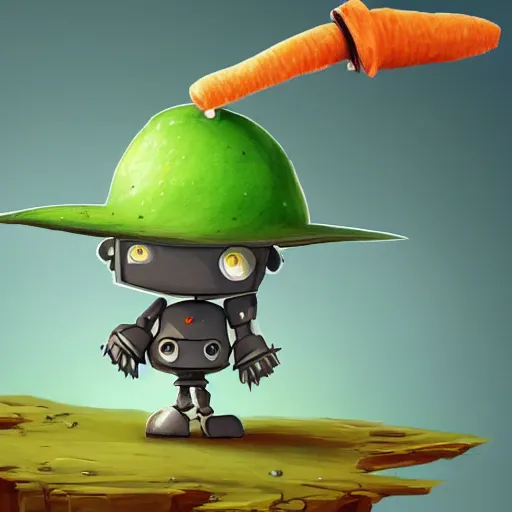 Image similar to little robot with big avocado hat and a carrot sword, made in abyss style