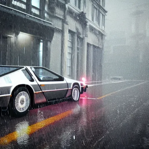 Image similar to hyperdetailed, photorealistic photograph of a dmc 1 2 delorean driving in the streets, rain, night, dense fog, hd, unreal engine 5