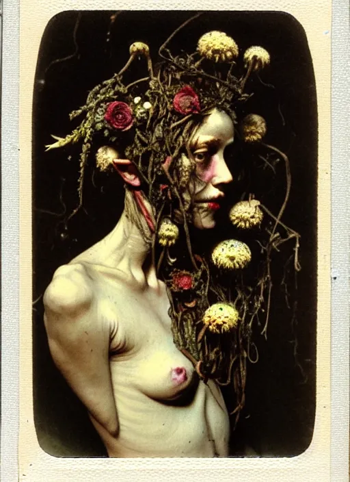 Image similar to beautiful and detailed rotten woman made of plants and many different types of flowers, muscles, intricate, organs, ornate, manet, gustave courbet, caravaggio, romero ressendi 1 9 1 0 polaroid photo