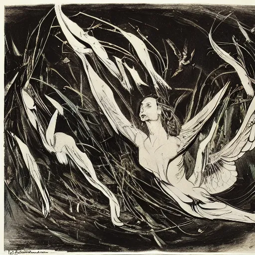 Image similar to by john james audubon, by jackson pollock flowing. a body art of a winged creature, flying high above a group of people in a dark, wooded area. the creature's wings are spread wide & its head is turned upwards, looking towards the sky. people below looking up at creature awe & fear.