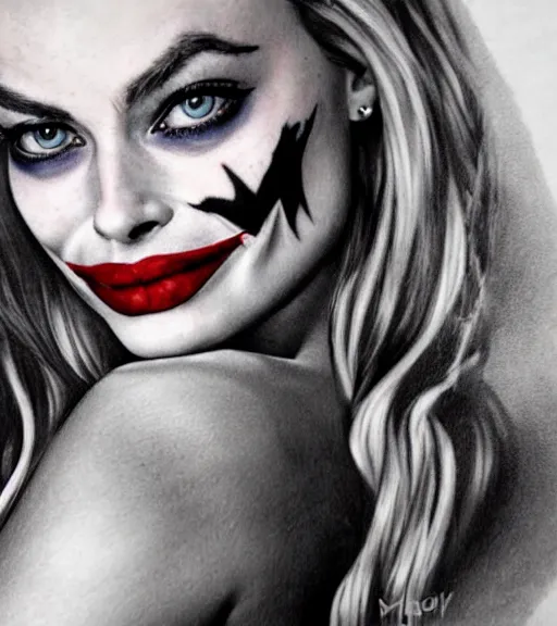Image similar to tattoo design sketch of beautiful margot robbie portrait with joker makeup, in the style of den yakovlev, realistic face, black and white, realism tattoo, hyper realistic, highly detailed, faded drawing