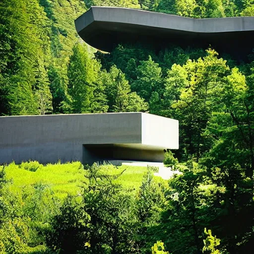 Image similar to lush and beautiful green mountain landscape, with a brutalist futuristic building, architecture, unpainted concrete, by aalto alvar, by ando tadao, by chipperfield david, frank lloyd wright, by peter zumthor