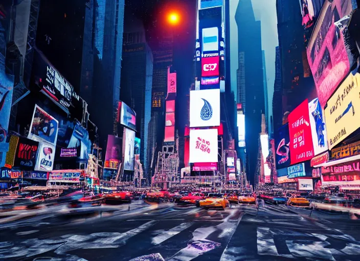 Prompt: film still of the moon shattering into pieces over time square in the new sci - fi movie, 8 k, night time