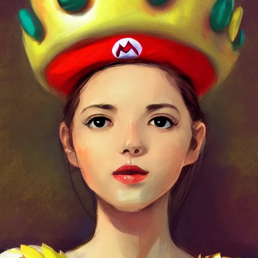 Image similar to super mario as an attractive young smiling woman wearing a mushroom crown, face portrait, hd shot, digital portrait, beautiful, fantasy art, artstation, comic style, by artgerm, guy denning, jakub rozalski, magali villeneuve and charlie bowater