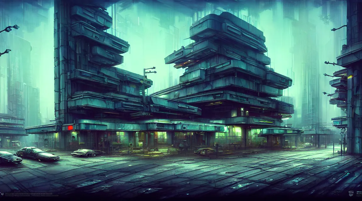 Image similar to post apocalyptic cyberpunk police station, building, avenue, urban architecture, americana architecture, concrete architecture, cloudy sky, paved roads, by boris vallejo trending on artstation, photorealistic, wild vegetation, utopian, futuristic, blade runner, neon signs, sharp, clear, focus