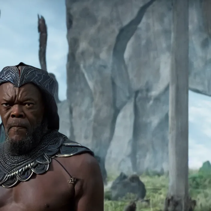 Image similar to film still of Samuel L Jackson as King T-Chaka in Black Panther, 4k