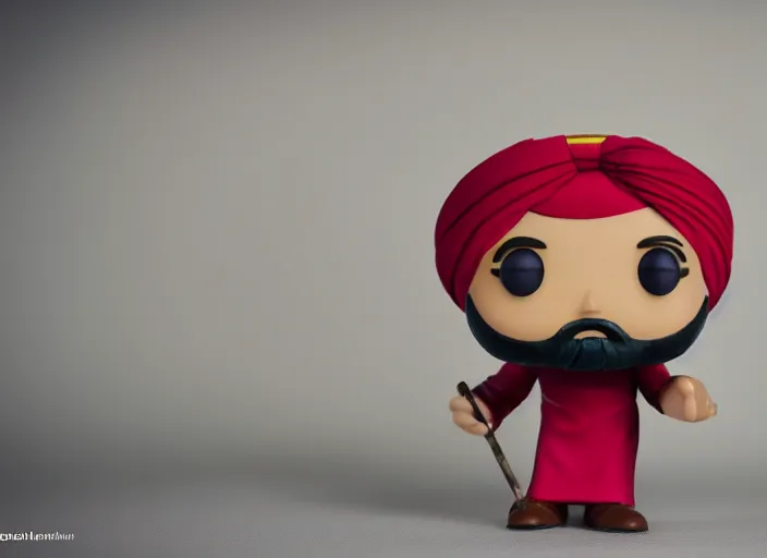 Image similar to photo still of a funko pop wearing a turban, 8 k, studio lighting bright ambient lighting key light, 8 5 mm f 1. 8