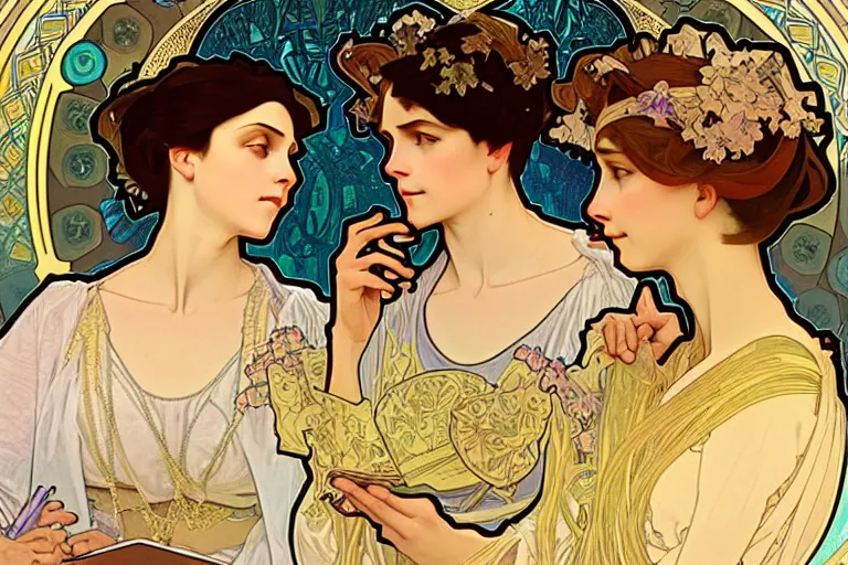 Image similar to portrait of two wise and very beautiful women discussing some texts appearing in a computer screen, art by alphonse mucha, intricate, elegant, highly detailed, smooth, sharp focus, artstation