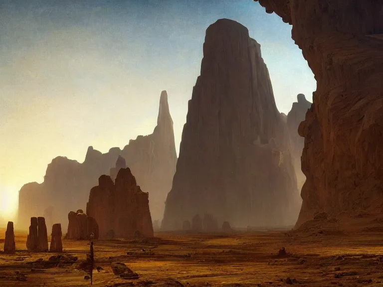 Image similar to an oil painting of a fractal monilith in the center of an alien desert with bright sunlight by carl spitzweg and tuomas korpi. baroque elements, full-length view. baroque element. intricate artwork by caravaggio. Trending on artstation. 8k