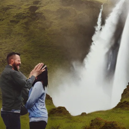 Prompt: a highly detailed watercolor painting of a couple getting engaged by icelandic waterfall Skógafoss