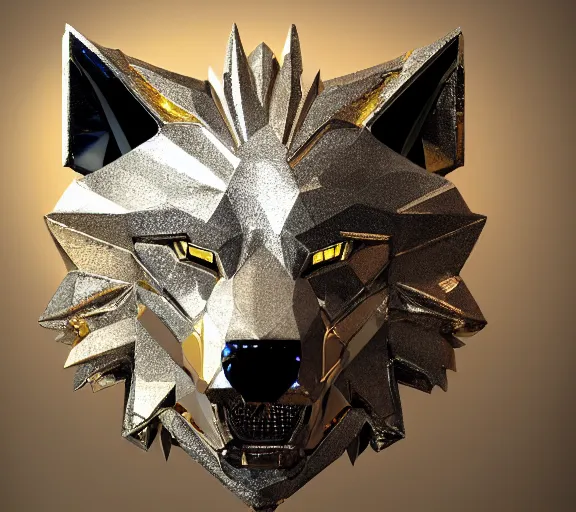 Image similar to chrome and gold wolf, glossy, metallic, neon, symmetrical, tribal patterns, realistic, unreal engine, octane, redshift, artstation, behance