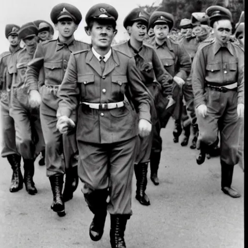 Image similar to mario as prison camp guard marching, wwii