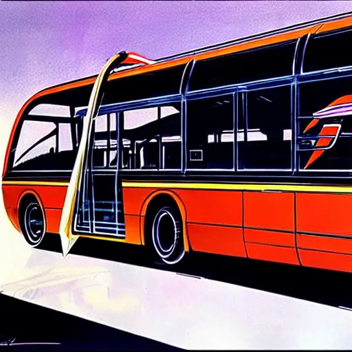 Prompt: concept art for rocket powered bus, painted by syd mead, high quality