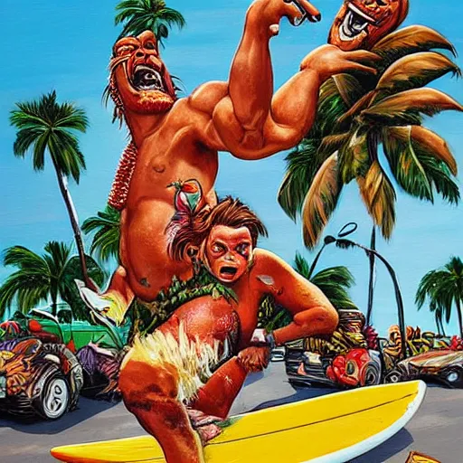 Prompt: A rampaging giant tropical tiki, stomping on cars and holding a screaming woman in his hand lurid surf art style, high detail,