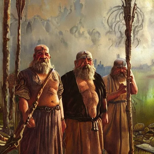 Prompt: sumerian city ancient dwarves, drawn by viktor vasnetsov, oil painting, harsh fairy tale, soft style, hyperrealism, beautiful, high resolution, trending on artstation,