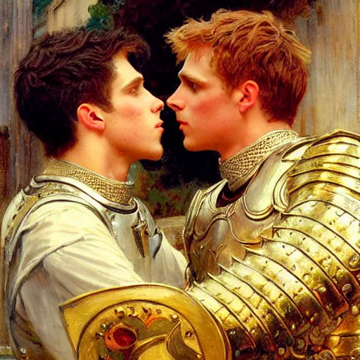 Image similar to attractive fully clothed arthur pendragon confesses his love for his attractive fully clothed male knight. highly detailed painting by gaston bussiere and j. c. leyendecker 8 k