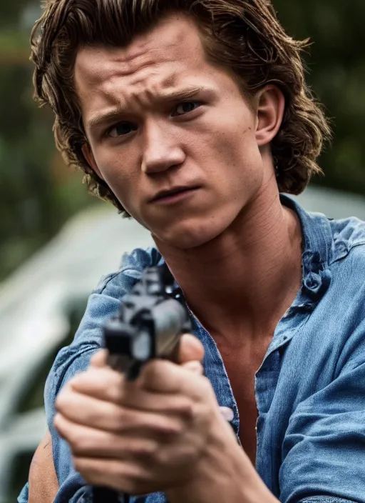 Image similar to film still of Tom Holland as Martin Riggs in Lethal Weapon, 4k