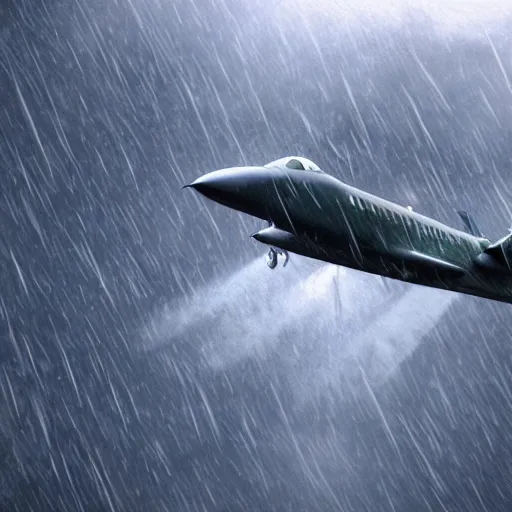 Image similar to 4 jets fly in the rain realistic award winning, trending on artstation, unreal engine