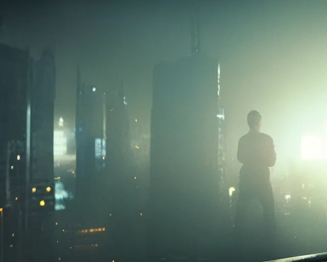 Prompt: 2 0 1 8 blade runner movie still man looking at the cityscape from roof, neon, back of body and head