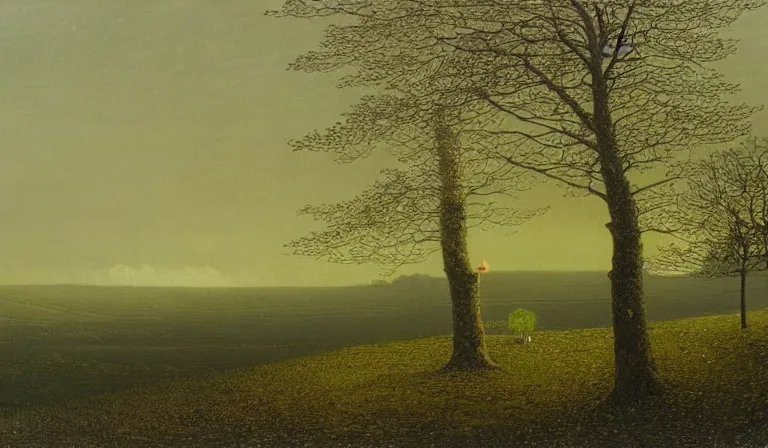 Prompt: A serene landscape with a singular building in the style of John Atkinson Grimshaw.