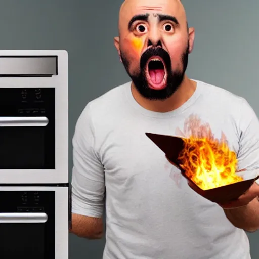 Prompt: bald mexican man with a goatee is shocked that his toaster oven is on fire