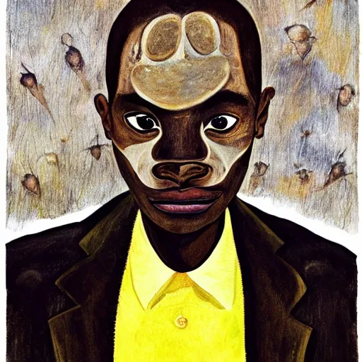 Image similar to a painting of a elegant, well fed, smooth-chinned, long nose, African, elder with few eyebrows by Wangechi Mutu . thinker without facial hair, thoughtful, focused, visionary, calm, jovial, loving, fatherly, generous, . dramatic angle, ethereal lights, details, smooth, sharp focus, illustration, realistic, cinematic, artstation, award winning, rgb , unreal engine, octane render, cinematic light, macro, depth of field, blur, red light and clouds from the back, highly detailed epic cinematic concept art CG render made in Maya, Blender and Photoshop, octane render, excellent composition, dynamic dramatic cinematic lighting, aesthetic, very inspirational, arthouse.