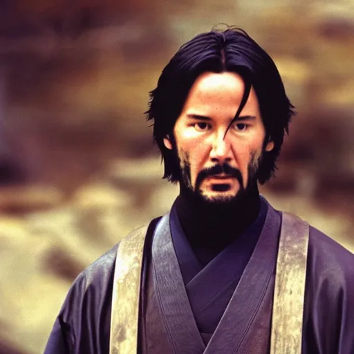 Image similar to cinematic film still of Keanu Reeves starring in a Steven Spielberg film as A Japanese Samurai at a temple, 1999, shallow depth of field, photograph, natural lighting