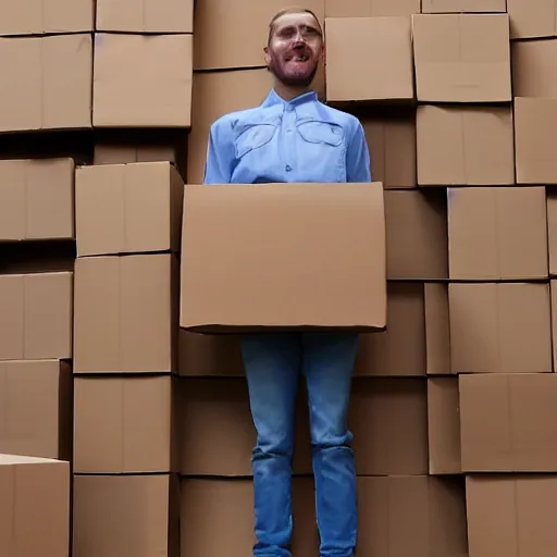 Prompt: a man dressed in cardboard boxes, boxman