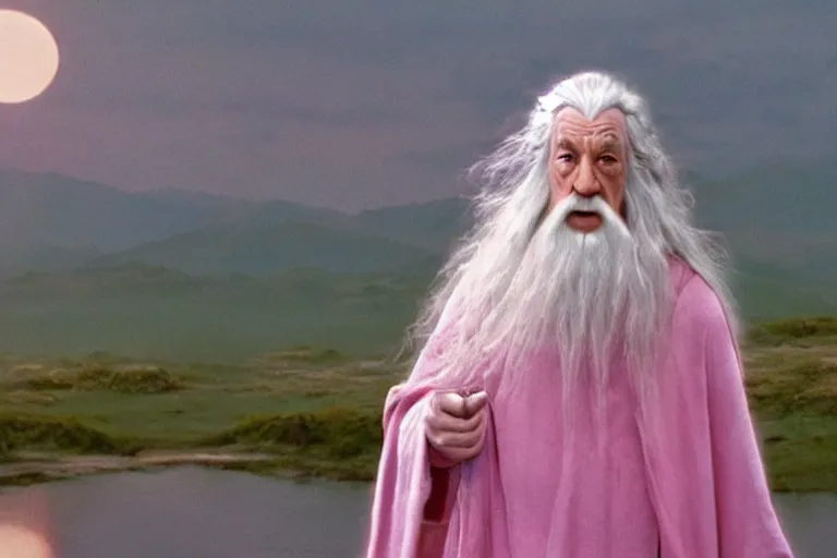 Prompt: portrait of Gandalf wearing pink Hello kitty costume, serene expression, sunrise, movie still from Lord of the Rings, cinematic