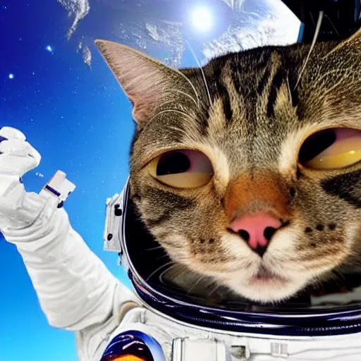 Prompt: Cat astronaut taking a selfie high above earth 8k hyper realistic