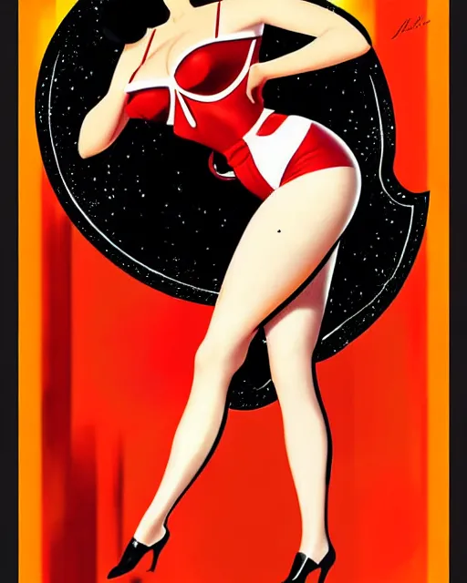 Image similar to a retro sci - fi pinup illustration of dita von teese in the style of alberto vargas and in the style of gil elvgren.