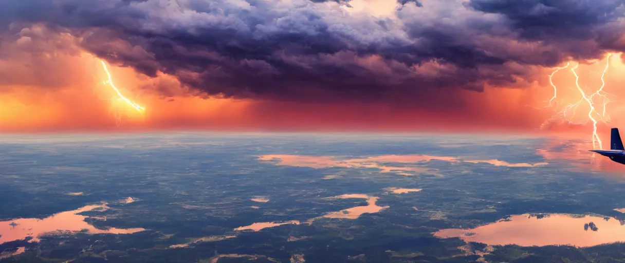 Image similar to donald trump flying over lake in lightning clouds, sunset, mountains, 4 k, hd, explosive, colorfull