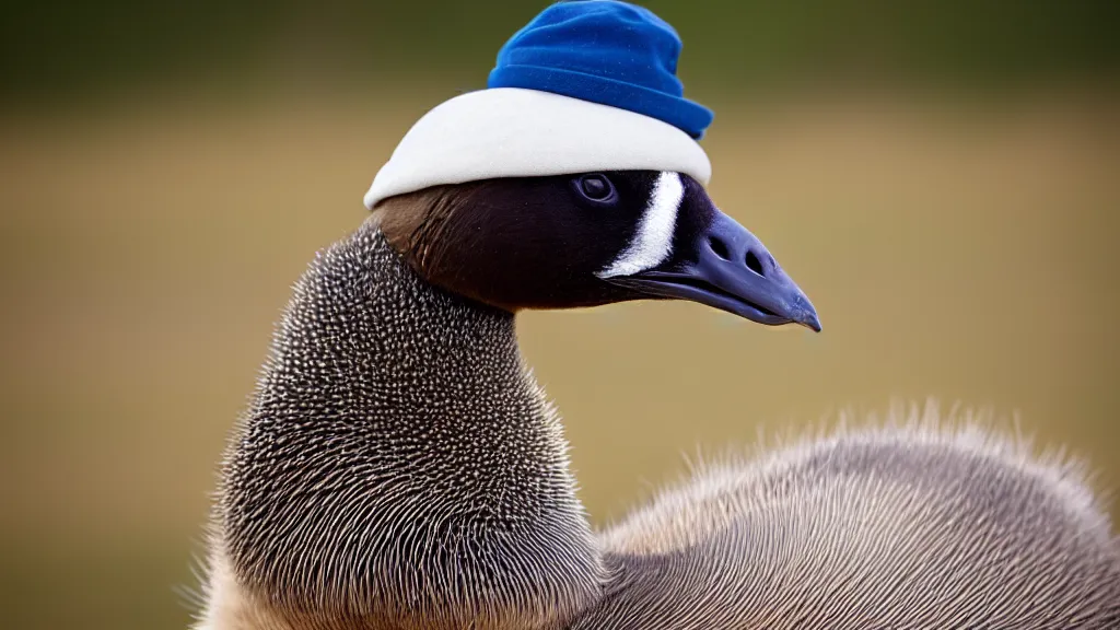 Image similar to Canadian Goose with a funny hat, Portrait Photo, Photorealistic, 100mm lens, Nat Geo Award Winner, 8k, UHD, (((((bokeh)))))