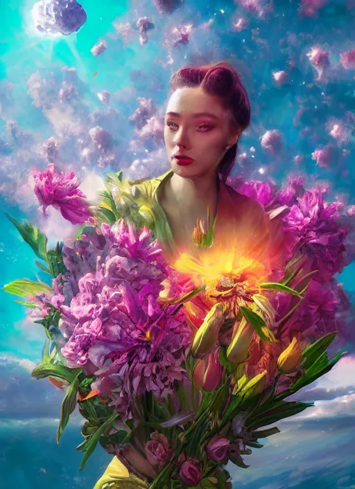 Image similar to An epic fantastic realism comic book style painting of the most beautiful flowers launched into space, bouquets, glorious galactic collision, sharp focus, fisheye, unreal 5, DAZ, hyperrealistic, octane render, dynamic lighting