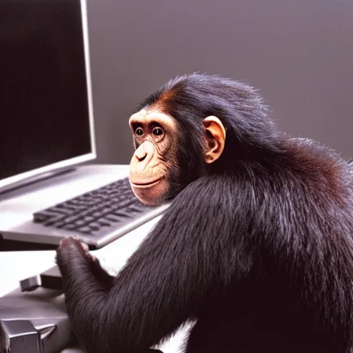 Image similar to chimp sitting at a desk with a crt monitor 📷