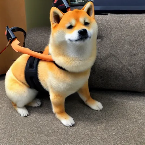 Image similar to a cheeky shiba inu wearing a stolen headset