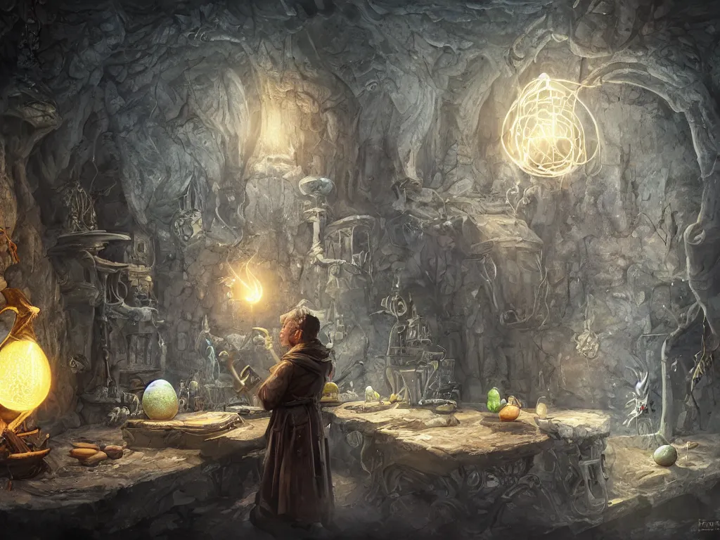 Prompt: A wizard measuring a creature egg in a magic laboratory, high quality fantasy art, trending on artstation