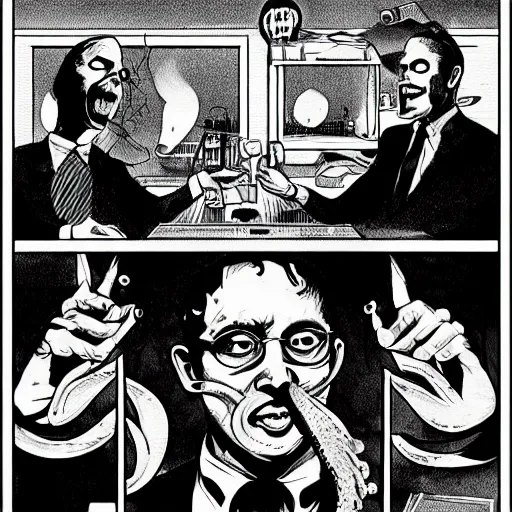 Image similar to Cthulhu as a modern day business man with a family and a drug and gambling addiction, Junji Ito and Greg rutkowski, psychedelic , 50s style infomercial , award winning , retro futuristic